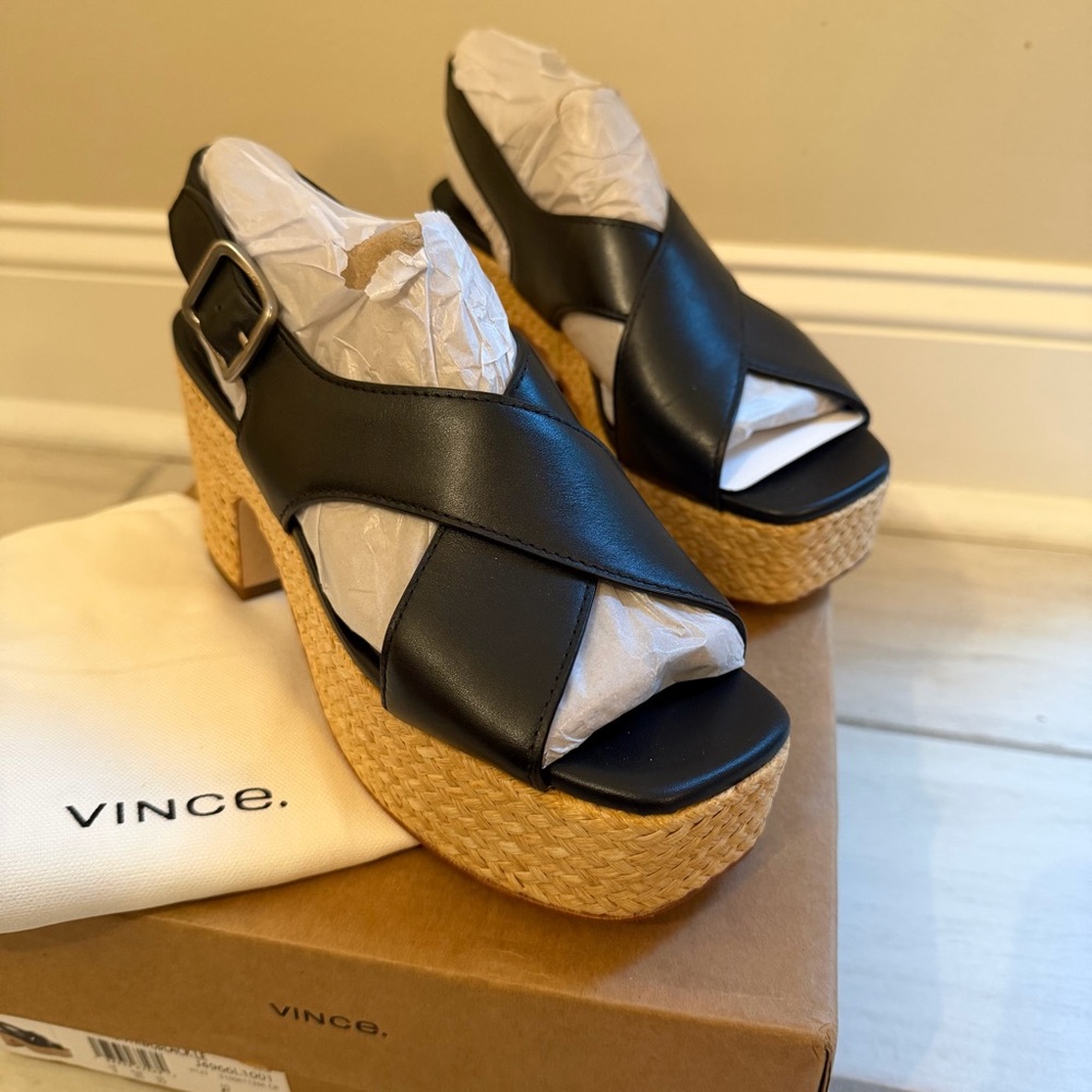 Vince Women's Clementina Heeled Sandal Black Leather Platform Slingback Raffia 5 - Picture 3 of 7
